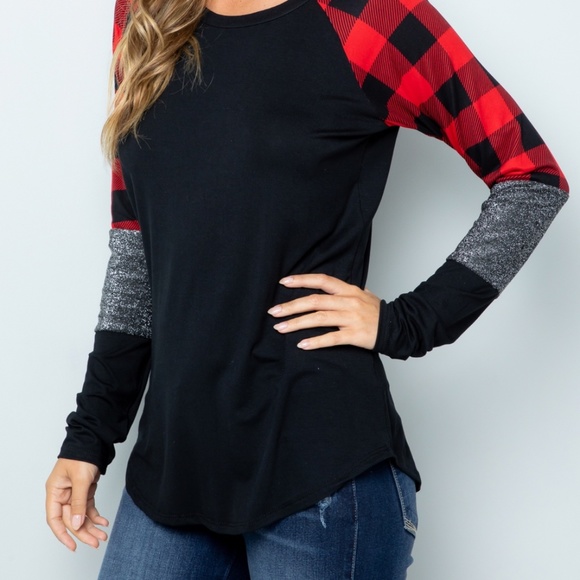 Buffalo plaid long sleeve boutique top white/red - Picture 5 of 8